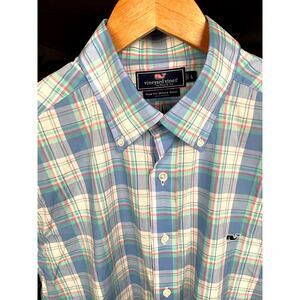 Vineyard Vines Slim Fit Blue Green Plaid Whale Button Down Shirt L
